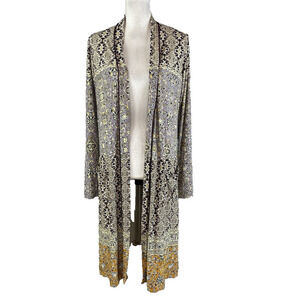 LOGO Lori Goldstein Cardigan Duster House Jacket sz Small Purple Paisley Jersey